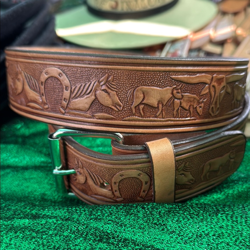 Brown Embossed Leather Safari Belt 2 in. Wide